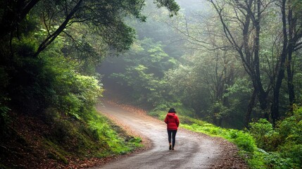 Fototapeta premium Person Walking Alone in Misty Forest Path