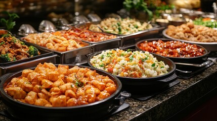 Assorted dishes displayed at a buffet restaurant with a variety of cuisines