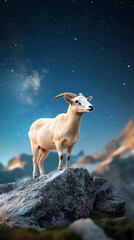 A majestic mountain goat stands proudly against a starry sky symbolizing wilderness and nature's beauty