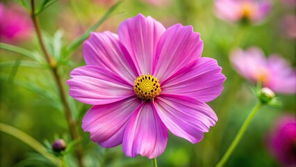 High angle view of pink Cosmos Bipinnatus flower with blurry background
