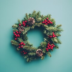 Fototapeta premium Elegant Christmas Wreath on Contrast Background Perfect for Holiday Seasonal Branding