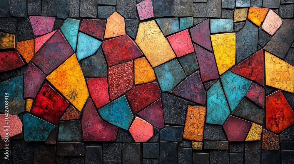 Fototapete The artwork features an array of colorful geometric shapes arranged in a mosaic style, with rich hues of red, blue, yellow, and black blending together artistically.