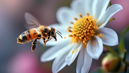 A honeybee collects pollen from a beautiful flower in a summer garden showcasing the vital role of pollinators in nature&rsquo;s ecosystem and the intricate relationship between flora and fauna