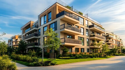 Modern apartment building with balconies, green landscaping, and blue sky.