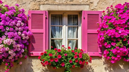 Fototapeta premium High angle view of pink shutters and petunia flowers on window
