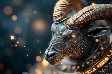 Intricate metallic ram sculpture illuminated by enigmatic lights and patterns