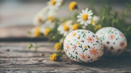 Beautifully decorated Easter eggs with floral patterns sit among small wildflowers on a weathered wooden background, celebrating springtime