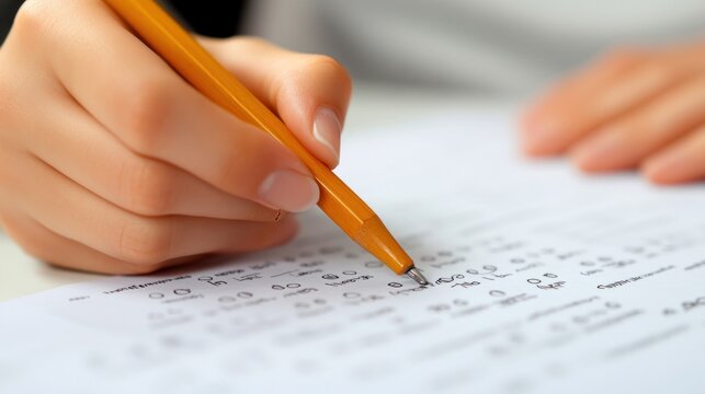 A hand writing with a pencil on a printed sheet of paper filled with numerical problems.