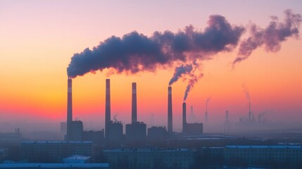 Industrial landscape at sunset with smoke billowing from chimneys.