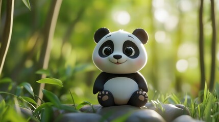 Obraz premium A cute cartoon panda figurine sitting on a rock amidst lush greenery, radiating joy.
