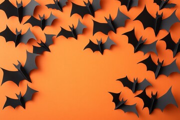 Minimalistic Halloween Background with Black Paper Bats on Orange for Text
