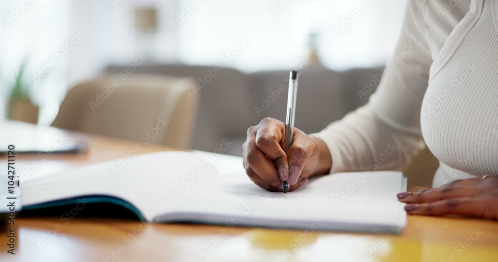 Poster hands, notebook and study in home for university, online course and research project with writing as