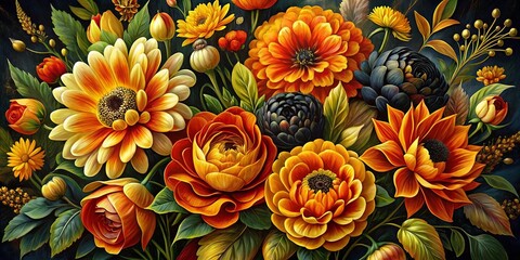 A vibrant bouquet of flowers with rich hues of orange, yellow, and red, painted in a classical style, creates a tapestry of petals and leaves against a dark background.