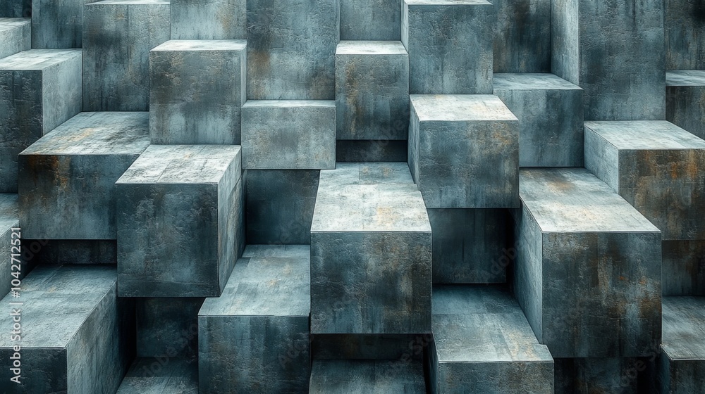 Poster The artwork features a dynamic composition of concrete blocks positioned at different heights and angles, creating an engaging interplay of light and shadow.