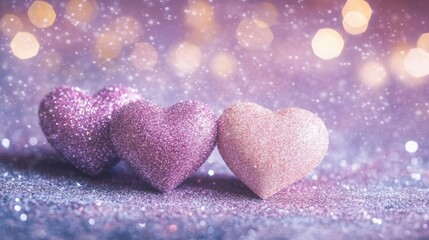 Fototapeta premium Three glimmering hearts in pink and purple shine against a dazzling background, creating a romantic and festive atmosphere