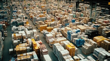 An expansive warehouse facility packed with goods of various types, showcasing the complexity and scale of modern distribution networks
