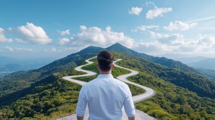 Fototapeta premium A Man at the Crossroads Choosing the Best Path for a Sustainable Future in Nature's Embrace