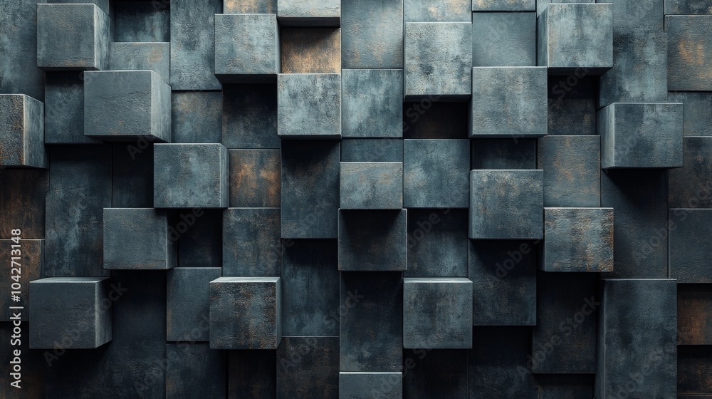 Aufkleber A striking wall features three-dimensional cubes arranged in a geometric pattern, showcasing a blend of textures and muted colors. This modern design adds depth and interest to the space.