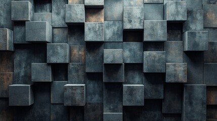 A striking wall features three-dimensional cubes arranged in a geometric pattern, showcasing a blend of textures and muted colors. This modern design adds depth and interest to the space.