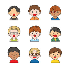 Group of boys avatar cute illustration in different outfits and hairstyle simple minimalist design kawaii decorative element set icon bundle drawing