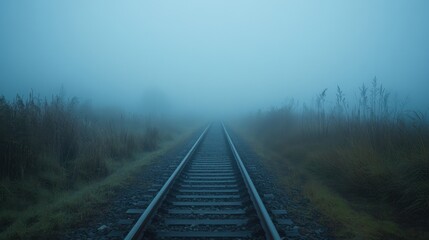 Fototapeta premium Mysterious Morning Fog Blanketing Single-Track Railway Line for Moody Atmosphere