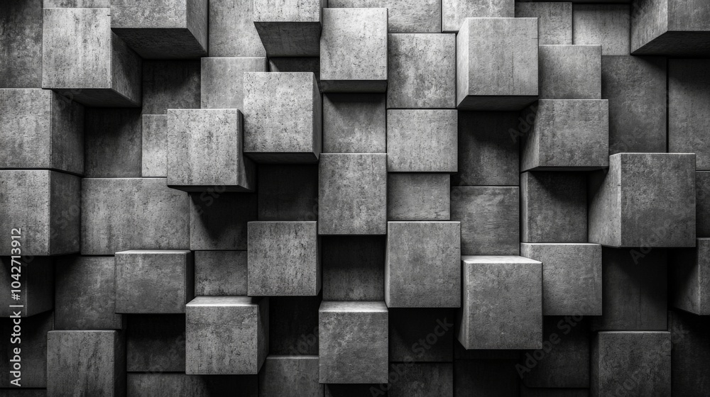 Poster This artwork showcases a dynamic arrangement of textured concrete blocks stacked in varying formations, creating a striking visual display.
