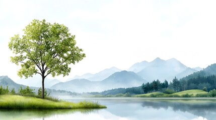 A serene and calming watercolor nature scene featuring a peaceful flowing river surrounded by soft flowing trees and foliage in muted pastel hues creating a tranquil and dreamlike atmosphere