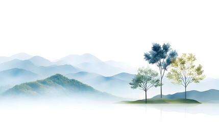 Soft Watercolor Landscape with Delicate Trees and a Tranquil Nature Inspired Scenic Design Creating a Serene Peaceful Ambiance