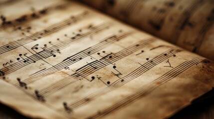 A close-up of aged sheet music with musical notes and symbols.