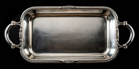 High angle view of silver tray with handles isolated on black background