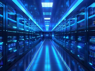 Fototapeta premium Futuristic Blue Illuminated Digital Data Center Network Diagram with High Tech Server Racks