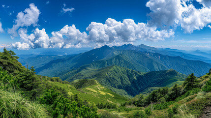 Fototapeta premium Scenic mountainous landscape with green forests and dramatic clouds in a cobalt blue sky