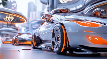 Explore the Vision of Orange Futuristic Taxis Navigating a High-Tech Future Cityscape with Stunning Detail and Innovation