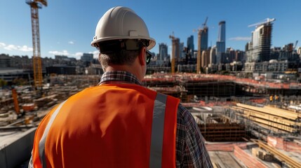 Obraz premium A wide-angle view of an architect walking through a building site using an AR app to overlay 3D models