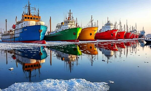 Ships of various types are parked at the edge of the harbor as the ice on the sea surface melts
