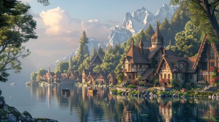 Obraz premium Enchanted Village by the Lake