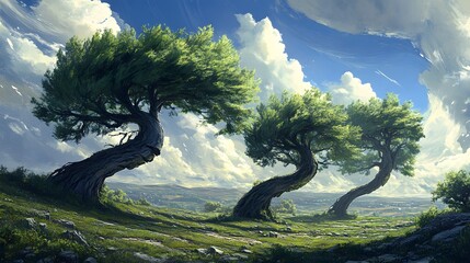 Three Twisted Trees Under a Cloudy Sky