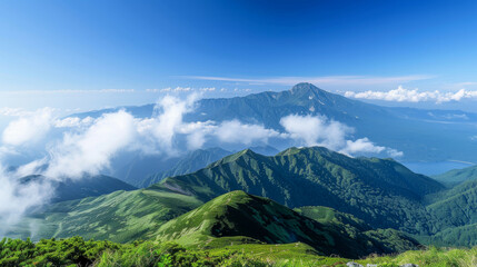 Fototapeta premium Lush green mountains under a clear blue sky with scattered clouds creating a peaceful and serene atmosphere