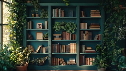 Decorative Bookshelf With Plants For Virtual Office Backdrops 