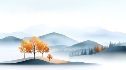 Elegant flowing watercolor landscape featuring gentle hills and trees in natural soothing hues creating a serene and tranquil nature background