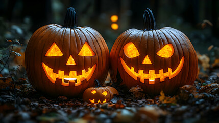 Fototapeta premium Glowing Jack-O-Lanterns in the Forest - Halloween Pumpkin Illustration