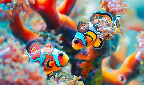 Clownfish swimming with sea life and underwater plants