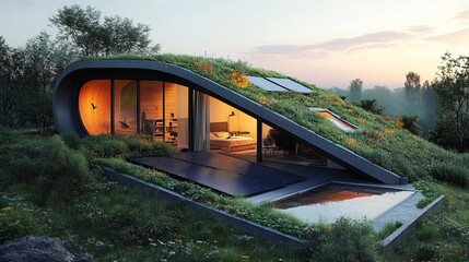 Fototapeta premium Cuttingedge sustainable architecture with solar panels and green roof