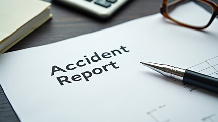 Accident report document with pen and eyeglasses on desk