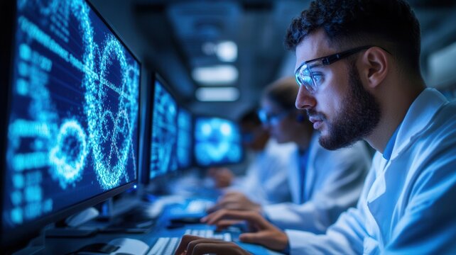 Lab team analyzing the genetic code of influenza virus, DNA strands displayed on monitors