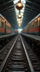 Obraz premium Vintage railway station with blurred trains in motion