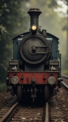 Obraz premium Vintage train engine on railway track in foggy landscape