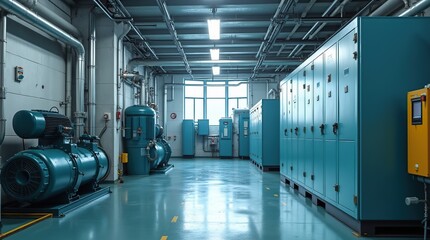 Industrial refrigeration room with motor and water pipes