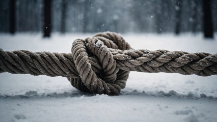 Fototapeta premium Close-Up of a Knot Tied in a Rope on Snow, Winter Scene, Symbolizing Security and Connection