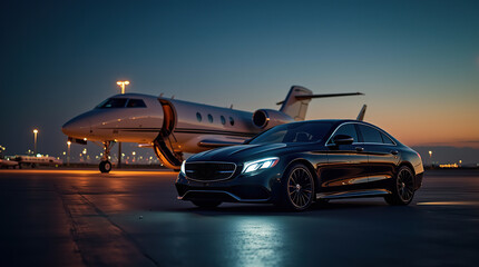 Luxury airport transfer with sleek car and private jet at sunset